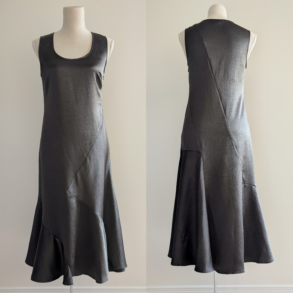 Club Monaco Bias Cut Sleeveless Satin Dress In Olive Green - Picture 7 of 16